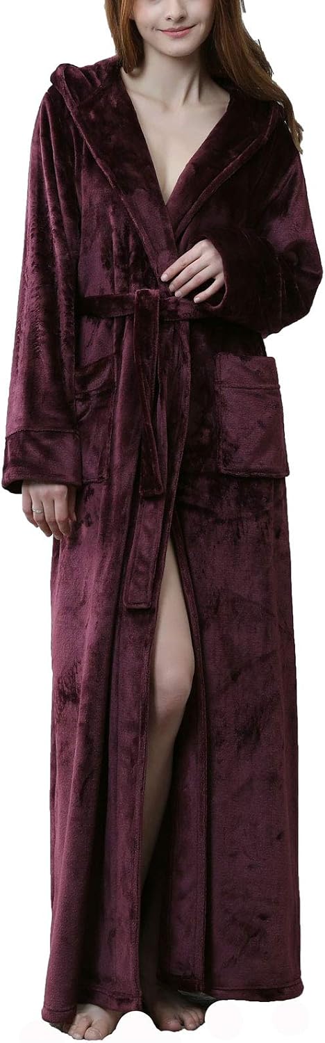 Flygo Womens Fuzzy Plush Long Hooded Robe Full Length Flannel Fleece Bathrobe Warm Housecoat
