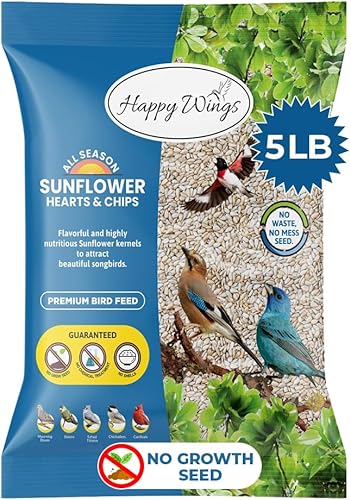 Happy Wings Corazones y papas fritas de girasol, granos de girasol y papas fritas, alimento para pájaros, 5 libras, sin ensuciar, sin desperdicio,