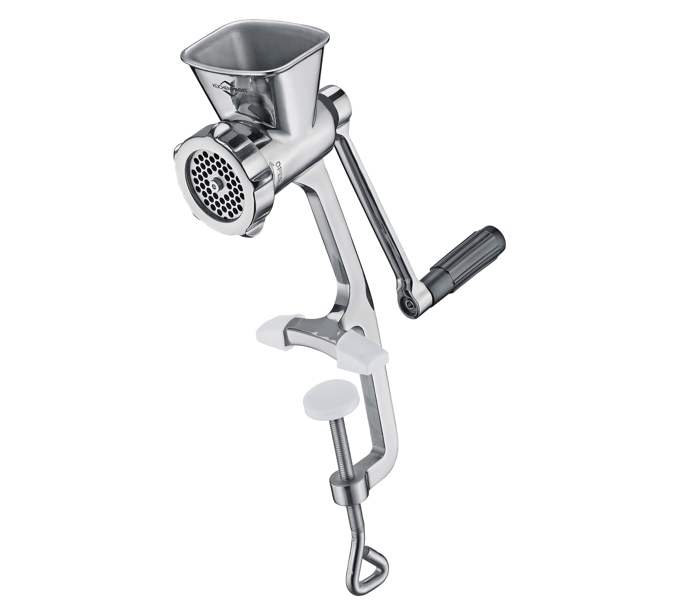 Küchenprofi Solido tritacarne manuale in acciaio inox 2.0, con 3 dischi forati, inserto per pasticceria e 3 set di riempimento per salsicce, con morsetto da tavolo extra grande, 12 x 10 x 40 cm