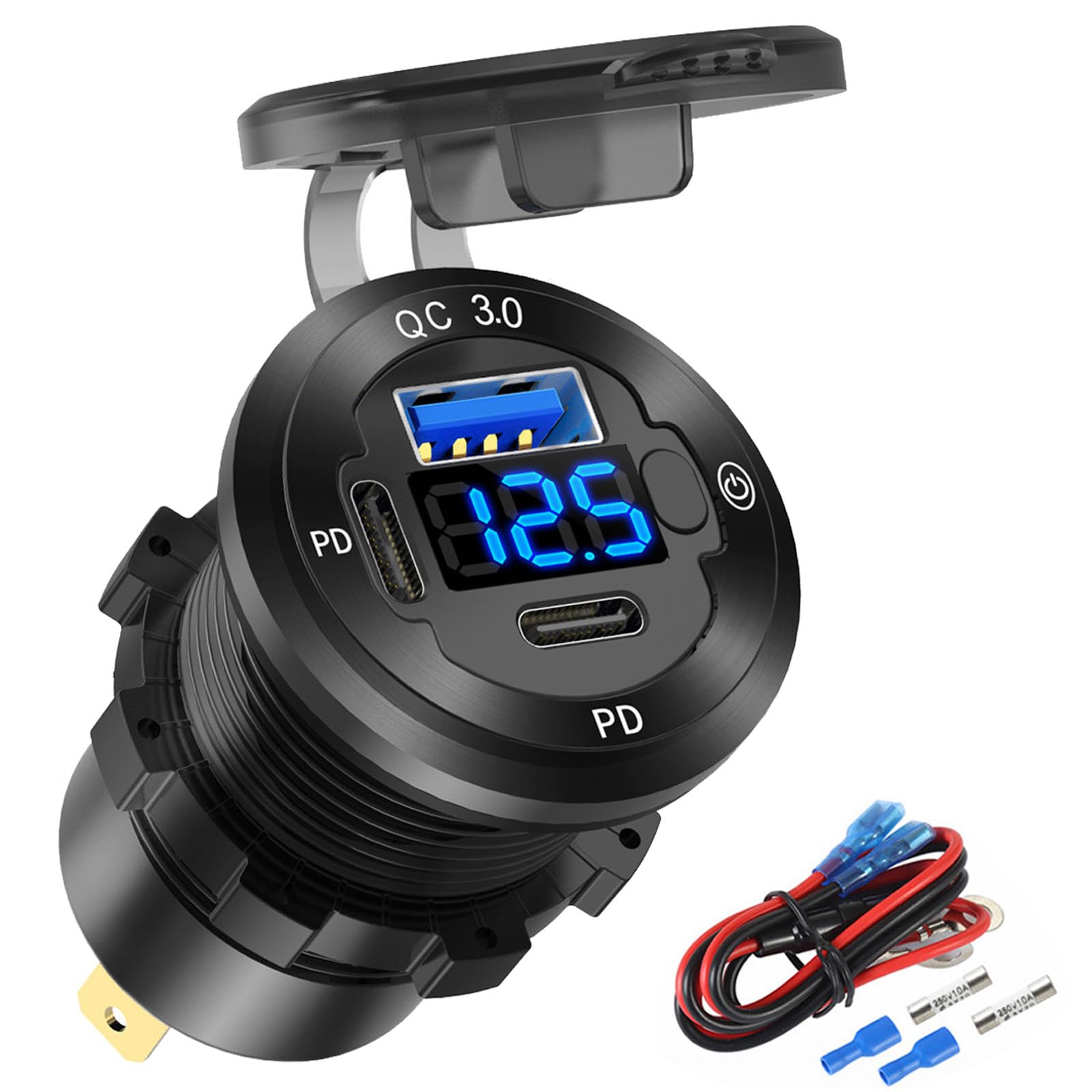 12V USB Car Socket Round USB C 12V Outlet, 3-Port Marine Fast Charger Waterproof Cigarette Outlet Replacement Aluminum with Switch & Voltmeter, Suitable for Boat Golf Cart RV Motorcycle Truck