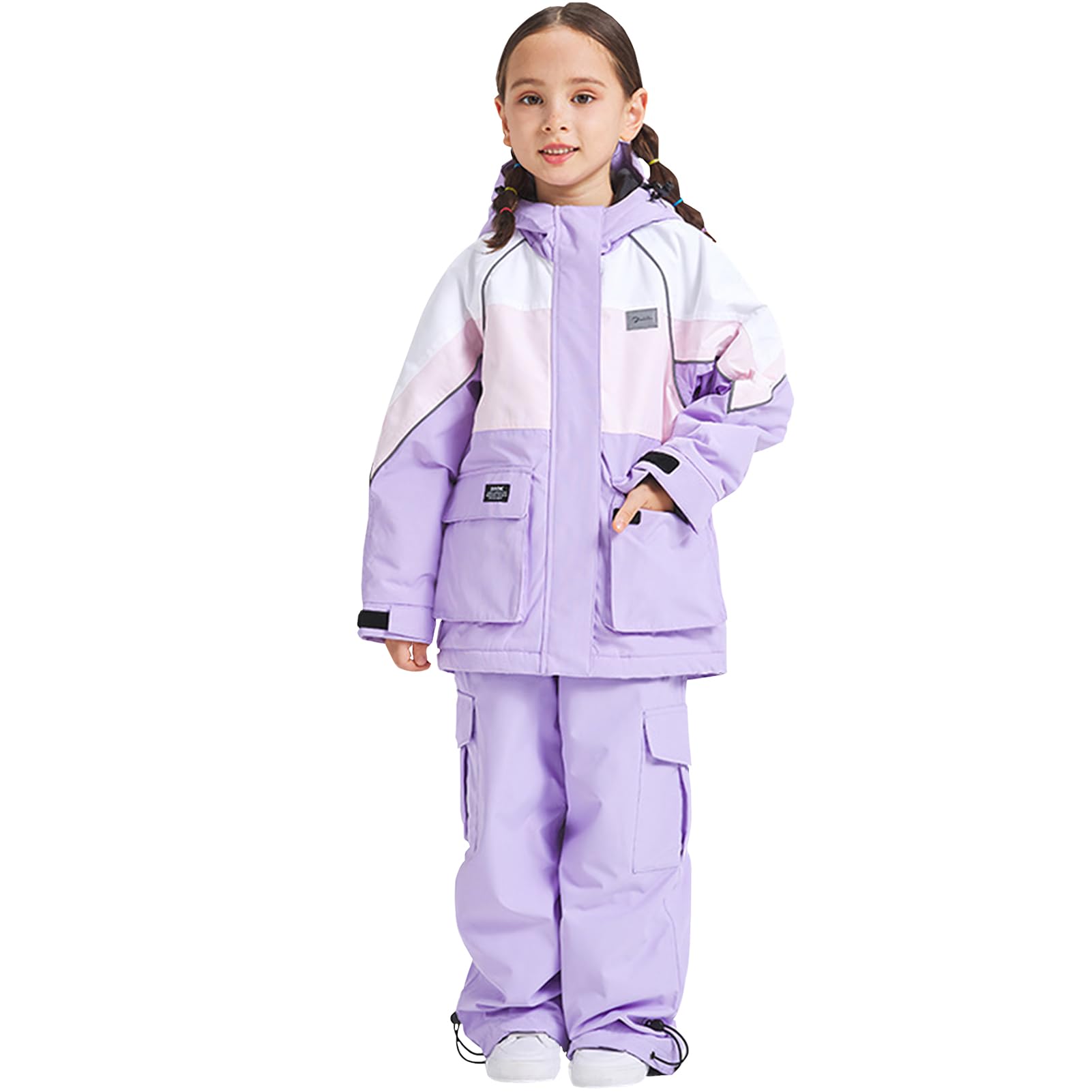 Traje de nieve infantil de 2 piezas, chaqueta de esquí + pantalones de esquí, impermeable, cortavientos, transpirable, con capucha, para niños y niñas, traje de esquí de invierno, lila, 120