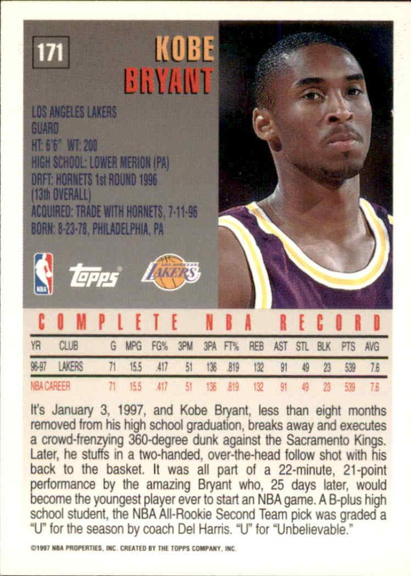 1997-98 Topps #171 Kobe Bryant コービー 1997-98 Topps #171 Kobe Bryant コービー