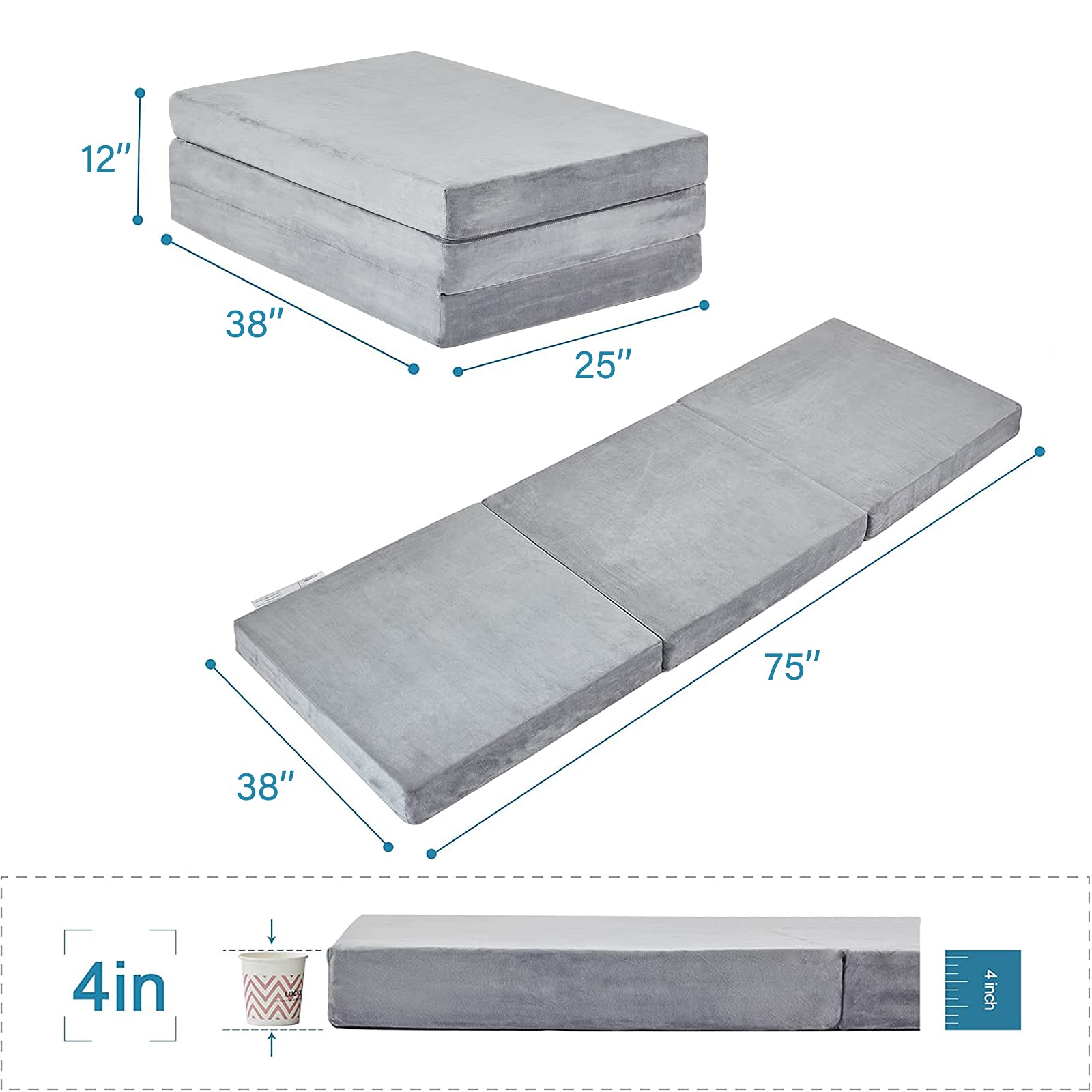 SINWEEK Tri Folding Mattress Foam Topper 4" Thickness Floor Cot Mattress, Guset Bed with Removable&Machine Washable Cover and Lining, CertiPUR-US Certified 38 x 75 Inch