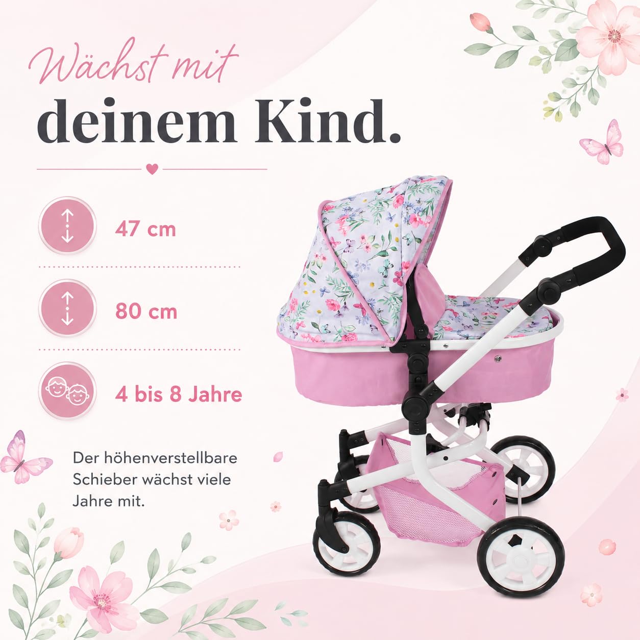 Bayer Chic 2000 Poussette poupée Mika 2 en 1 Pliable et réglable | Poussette poupée 2 en 1 pliable avec poignée réglable (47-80 cm), pour poupées jusqu'à 52 cm.