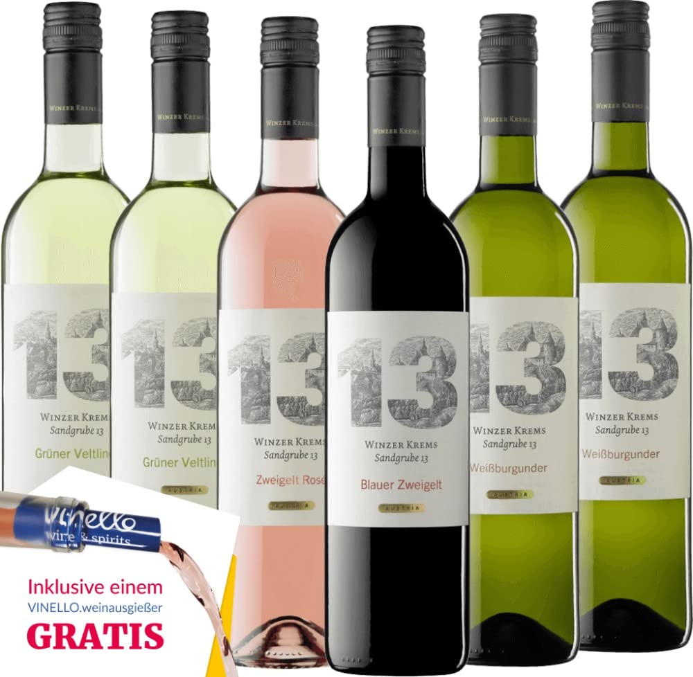 VINELLO 6er Kennenlernpaket - Sandgrube 13 Weine vom Winzer Krems mit einem VINELLO.weinausgießer | 6 x 0,75 Liter
