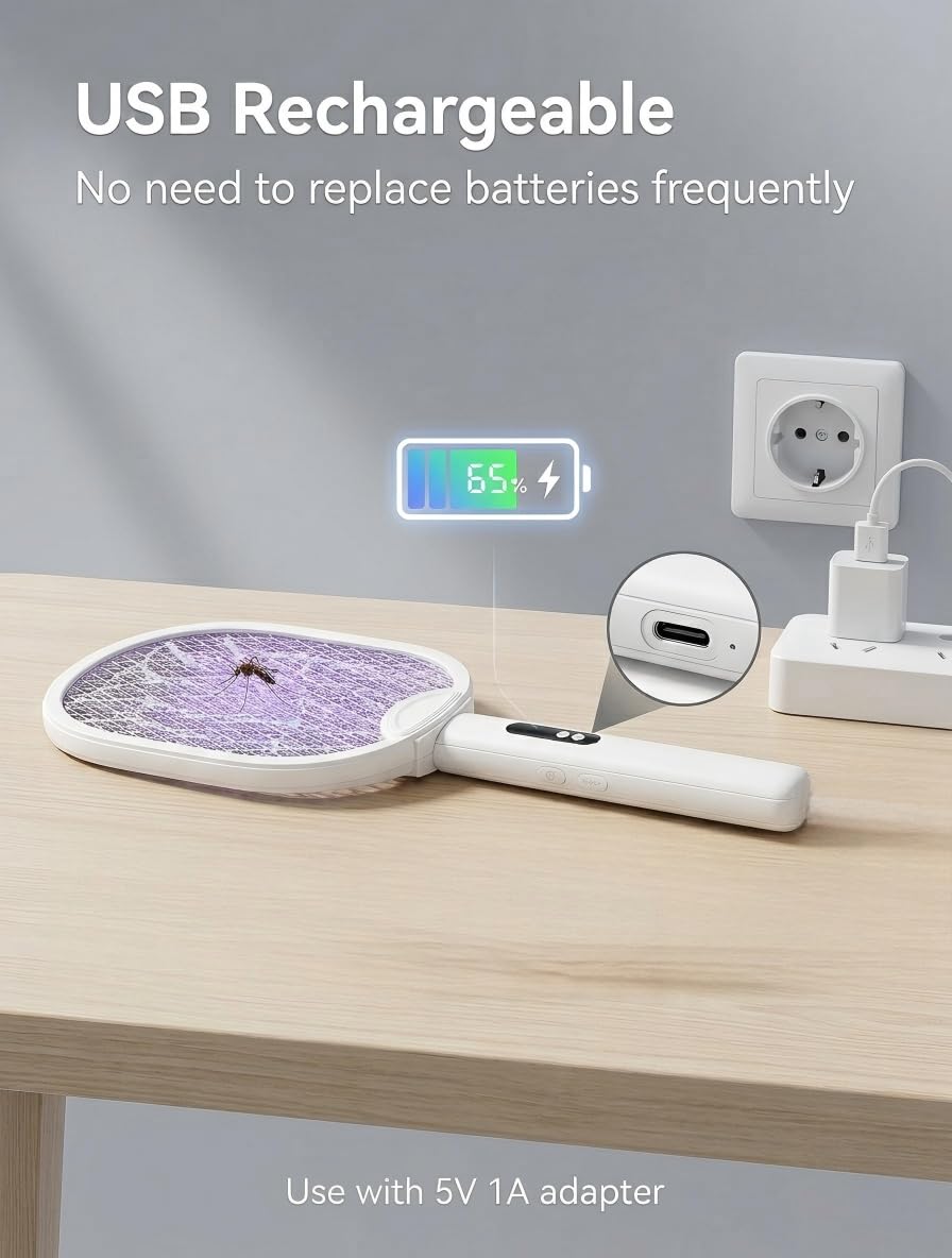 WOCVRYY Składana Elektryczna łapka na Komary 4000 V Urządzenie 3 w 1 ładowane Przez USB (Akumulator 1800 mAh) z Oświetleniem LED Przenośna Rakieta na Komary do Użytku Wewnątrz i na Zewnątrz