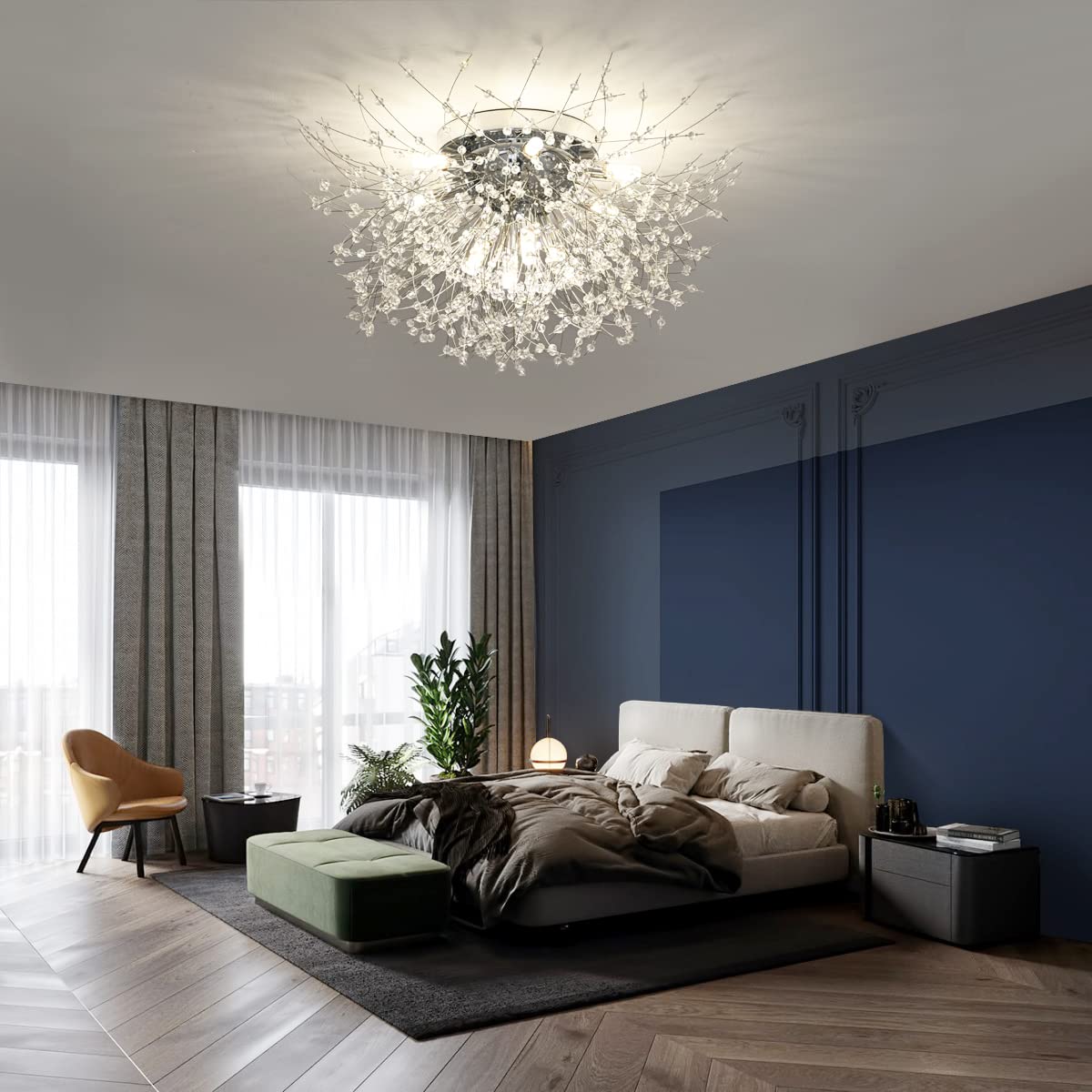 WOKNOS Modern Crystals Firework Ceiling Light, 10-Lights Sputnik Close to Ceiling Light Fixture,Dandelion Gold Lighting Semi Flush Mount Lights for Living Room,Dining Room