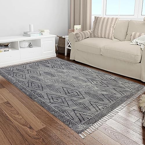 Tapis rectangulaire en coton Dhurrie anti-poussière gris et noir pour sols faciles à nettoyer - 3