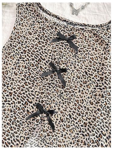 GORGLITTER Girl's Leopard Print Bow Tank Top Cute Crewneck Sleeveless Split Cheetah Tee4
