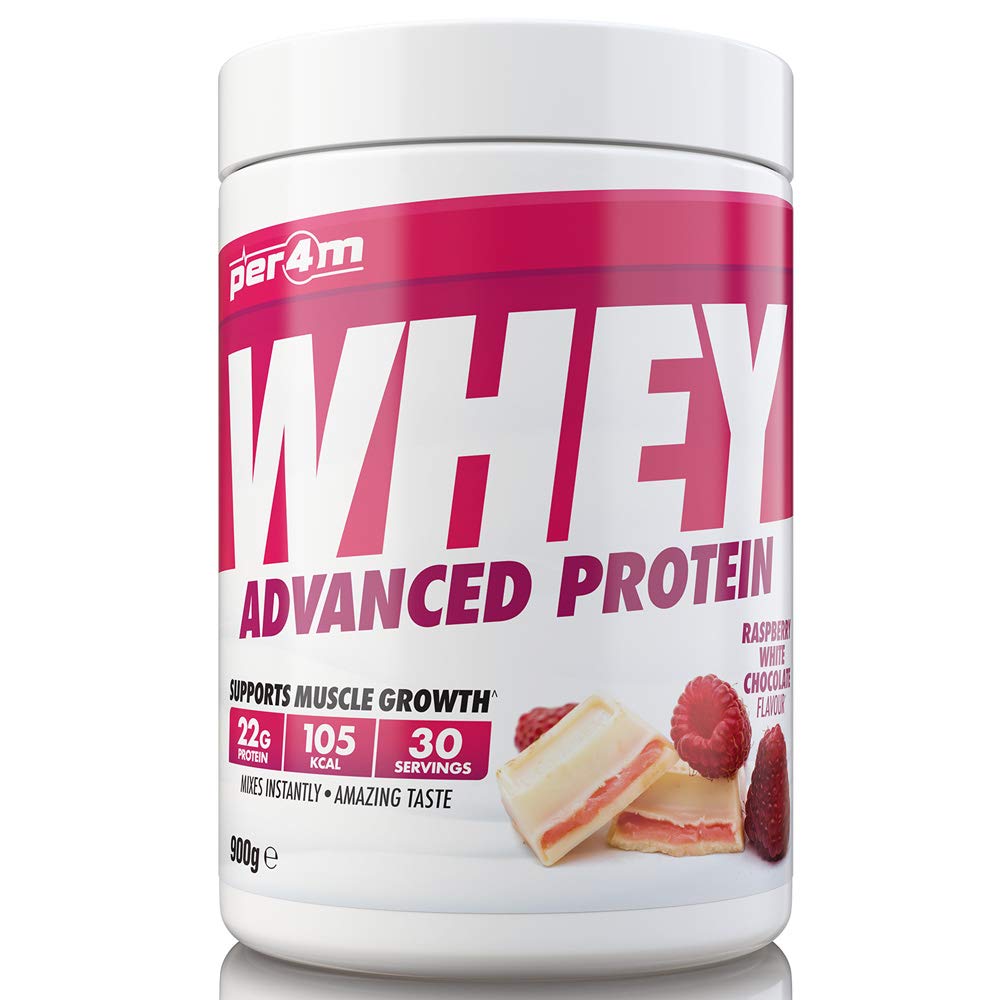 per4mProtein Whey Powder | 30 Servings of High Protein Shake with Amino Acids | for Optimal Nutrition When Training | Low Sugar Gym Supplements (Raspberry White Choc, 900g)