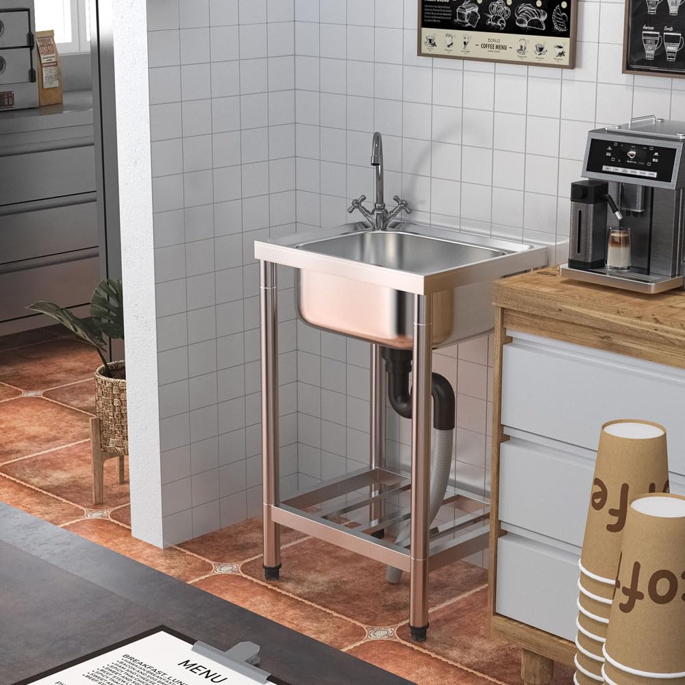 Freistehende Spüle Edelstahl Spültisch mit 43×33×18 cm Becken – Outdoor Waschbecken für Küche, Garten (Edelstahl Silber, 80 cm x 50 cm x 40 cm)