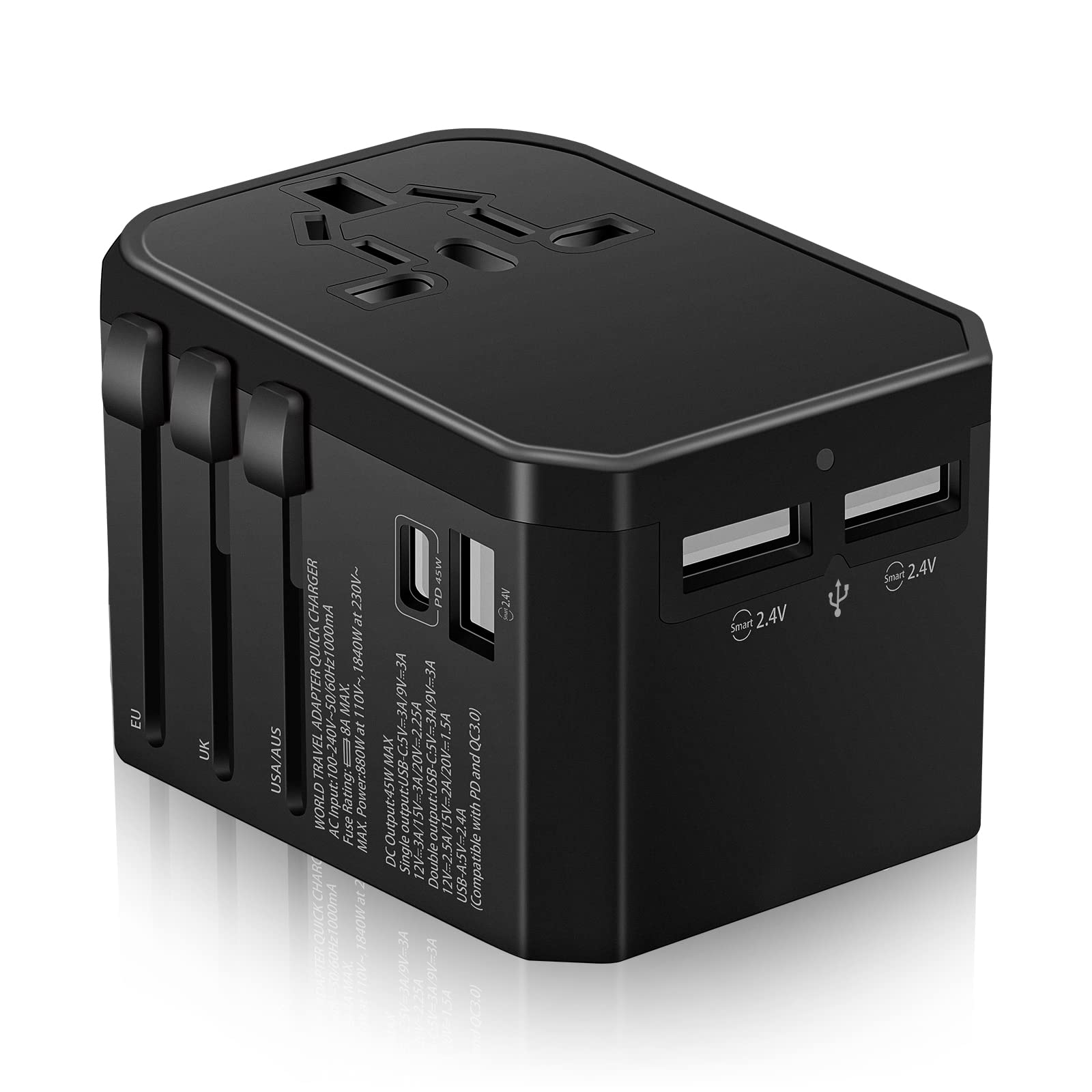 AccLoo PD 45W Universal Travel Adapter, International Travel Adapter with Three 2.4A USBA and One 3A USB-C Ports,All-in-One Worldwide Power Adapter for EU UK US AU Asia 150+ Countries(Black)