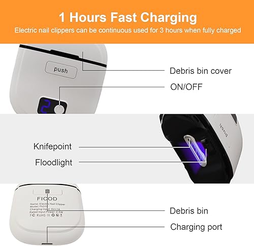 Miniatura 6 de Cortauñas eléctrico con 3 niveles de velocidad, recortador de uñas seguro y conveniente, recargable por USB para bebés, niños, adultos, personas