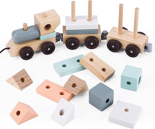 umu Tren apilable, juguete clásico de madera (17 piezas) - Juego de tren, juguetes de clasificación y apilamiento de madera para niños pequeños a