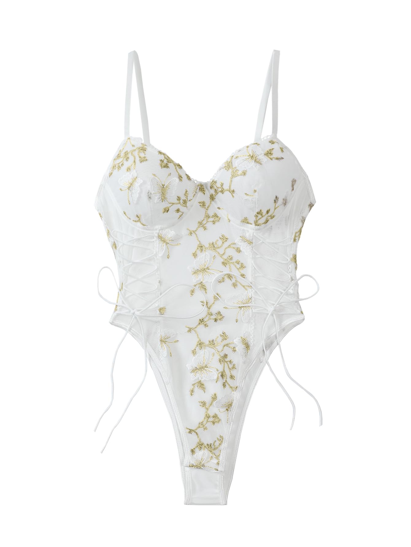 Lilosy Women Sexy Lace Up Floral Embroidered Teddy Lingerie Bodysuit Top Mesh Sheer One Piece: Large Butterfly Butterfly White