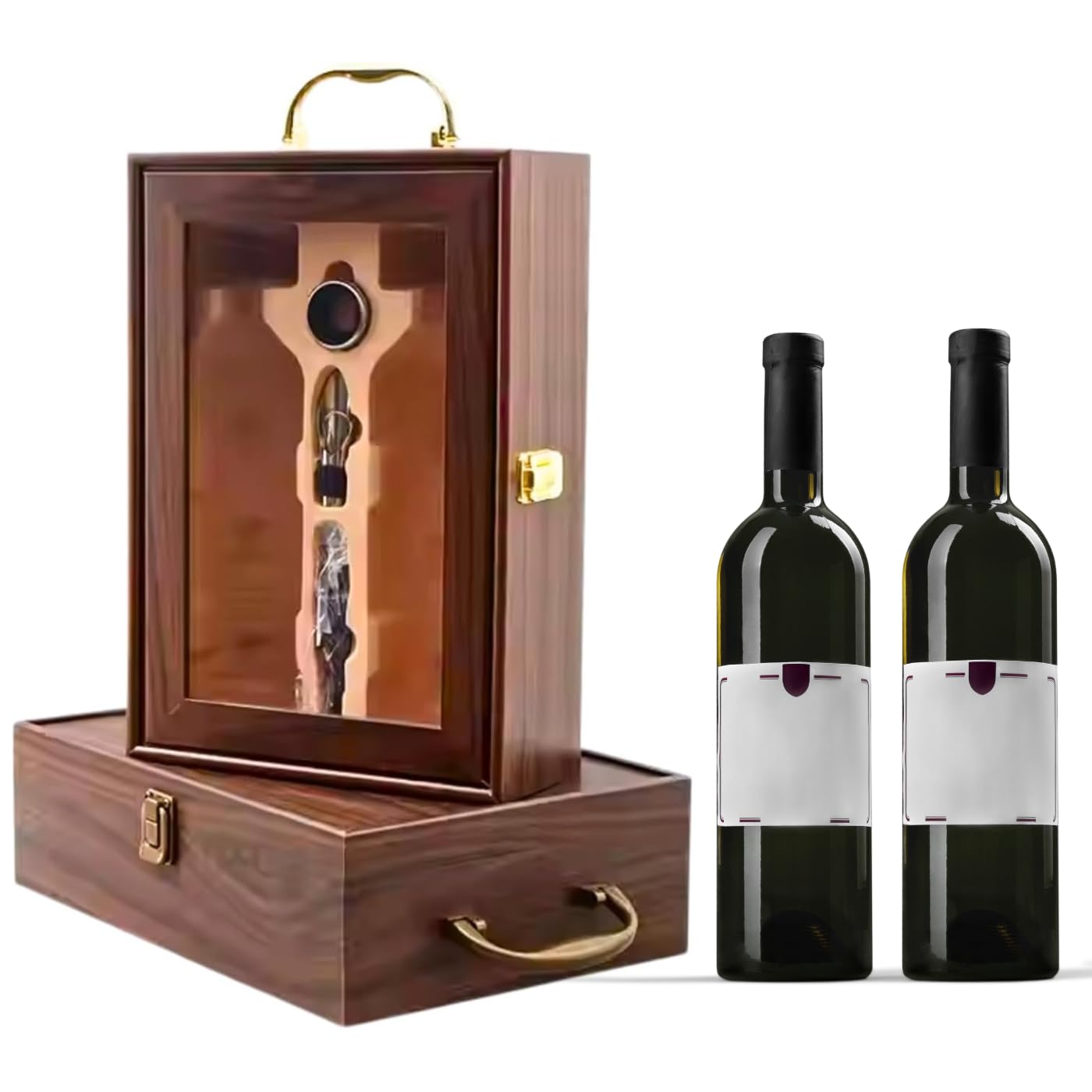 ZiaWorld Wine Bottle Gift Box, Luxury Display Box for Storage Presentation of Wine, Champagne or Whisky with Tools Cork Screw, Pourer, Napkin/Drip Ring, (Wine NOT Included) (2 Bottles Gift Box)