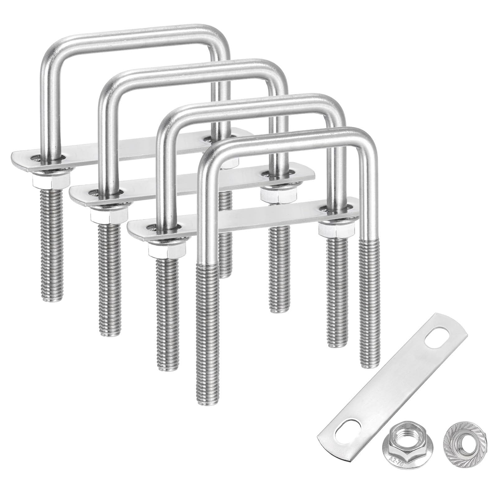 sourcing map 4 Set M8 2 Inch Inner Wide Square U Bolts, 4 Inch Length 304 Stainless Steel U-Bolts with Flange Hexagon Nuts, Frame Plates for Trailer, Automotive, (50mm W x 100mm L)
