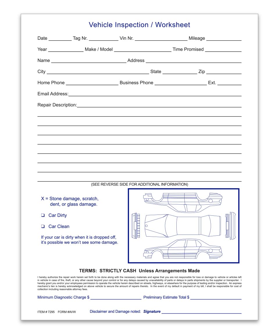 Vehicle Inspection Worksheet (Car Dealer Service Body Shop Form) (1 Pad of 100) for pre-Service Write-up Car Dealership