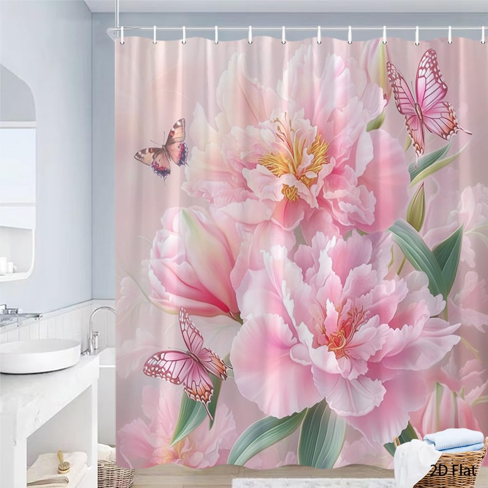 Glwdmb X-18 1 Piece 180X200cm Pink Peonies And Butterflies Printed Shower Curtain With Hook, Polyester, For Windows And Walls, Bathtub, Bathroom, Machine Washable, All Season Universal