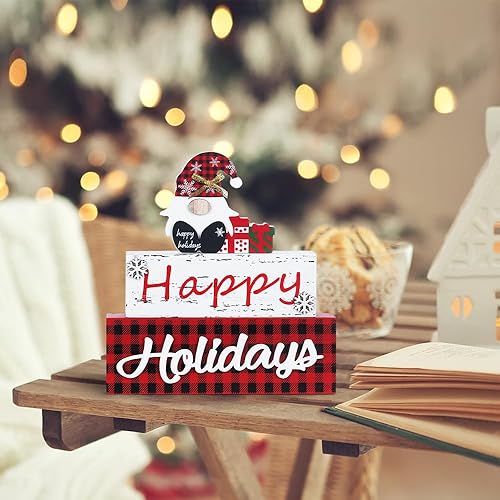 Miniatura 6 de MEETYAMOR Decoración navideña, bloque de madera de gnomo de 3 capas de tamaño grande con letrero de feliz día festivo, decoración de mesa de