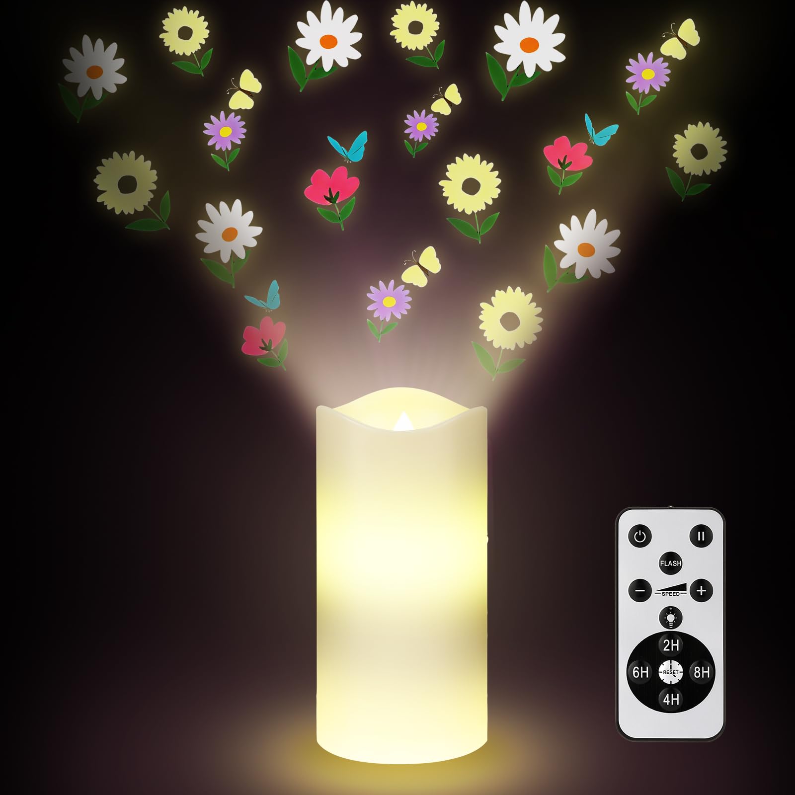 Baquler Wildflower flammenlose Kerzen Frühling Projektor Lichter Dekoration LED Kerze Batteriebetriebenes Nachtlicht mit Fernbedienung Timer für Hochzeit Tee Party Frühling Sommer Dekorationen für
