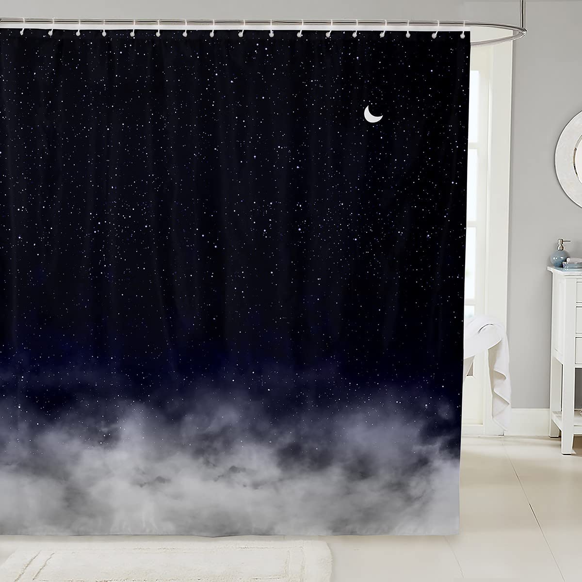 Loussiesd Shiny Star Bath Curtain Moon Star Sky Shower Curtain Gradient Dark Blue Grey Bathroom Fabric for Teens Stalls Bathtubs Romantic Style Waterproof Curtains 72x72 Inch — image 1