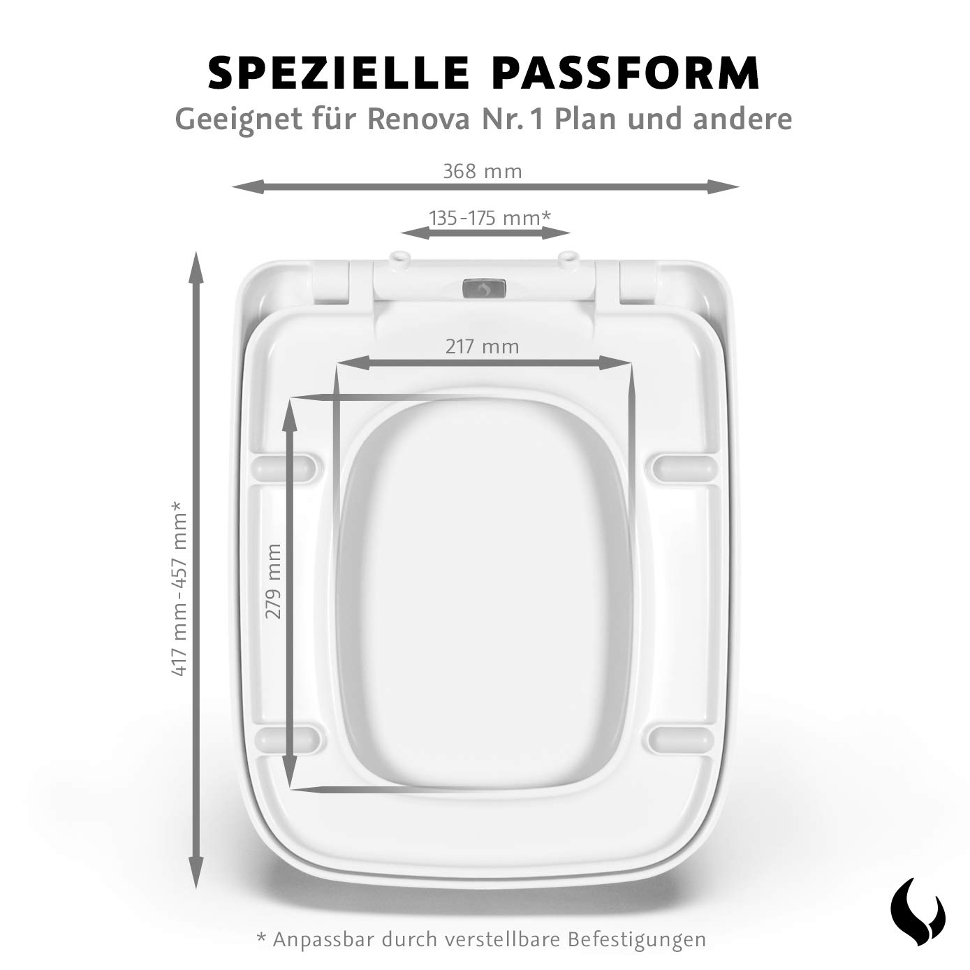 Bullseat® WC-Sitz Eckig – passgenau für Keramag/Geberit Renova Nr. 1 Plan | Toilettensitz mit Softclose, abnehmbar | Klobrille aus Urea-Duroplast | Klodeckel Montage von oben