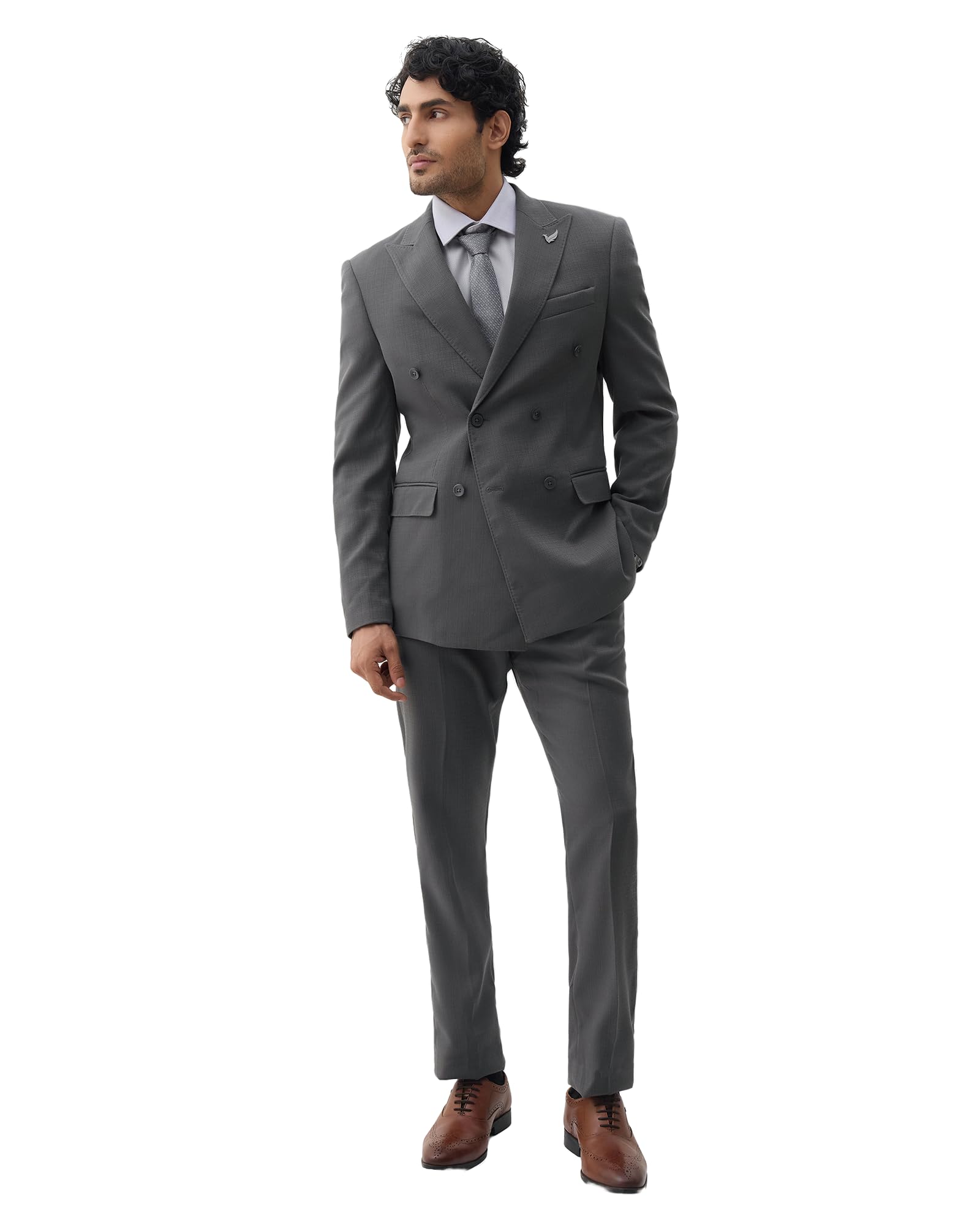 Men Dobby Textured Slim Fit Suit | Polyester Blend | 6 Button Double Breasted Front-image-6