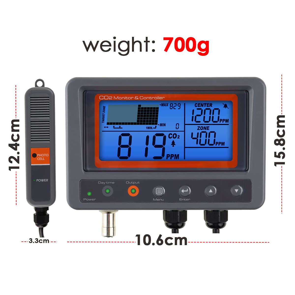 Controlador de CO2 con Sensor NDIR, Monitor de Calidad del Aire y Función de Relé Día/Noche. Ideal para Invernaderos, Grow Rooms, Jardines y Hogar.