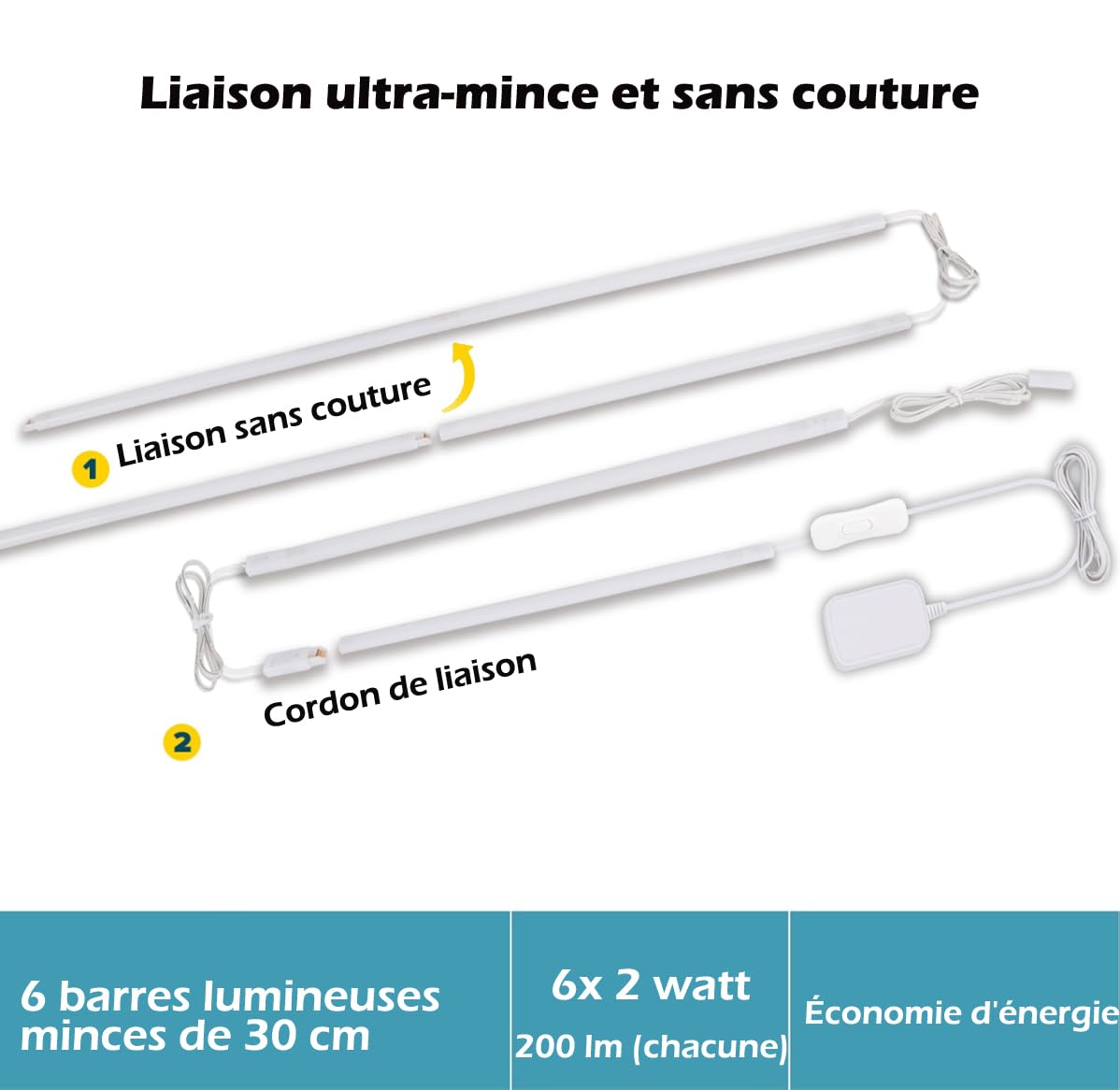 Cefrank Éclairage LED sous armoires 30 cm 1200 lumens 6000 K 6 pièces rampes lumineuses connectables