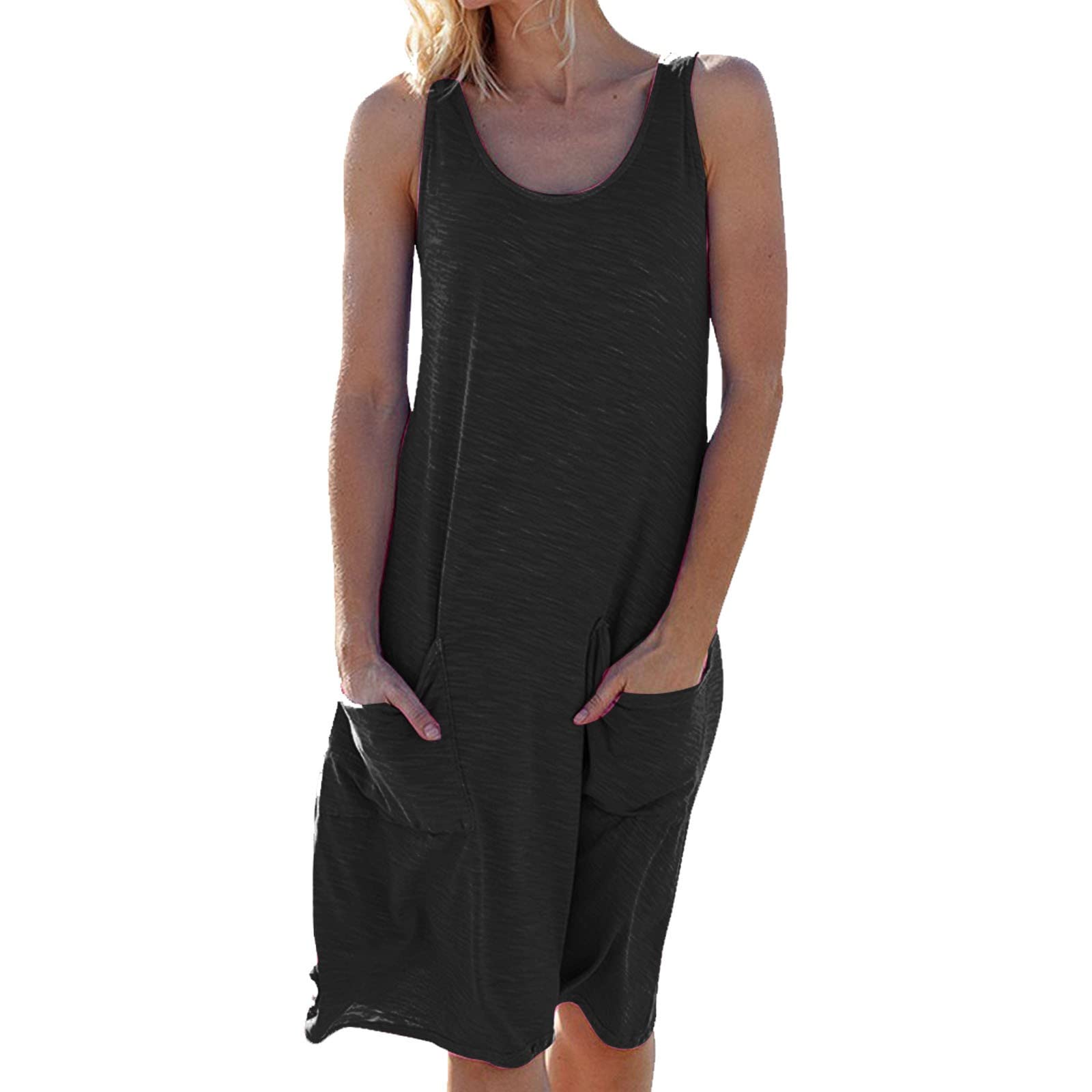 AMDOLE Vestido midi para mujer, cuello redondo, color sólido, sin mangas, de punto, casual, vestido de bolsillo, vestido de algodón para mujer
