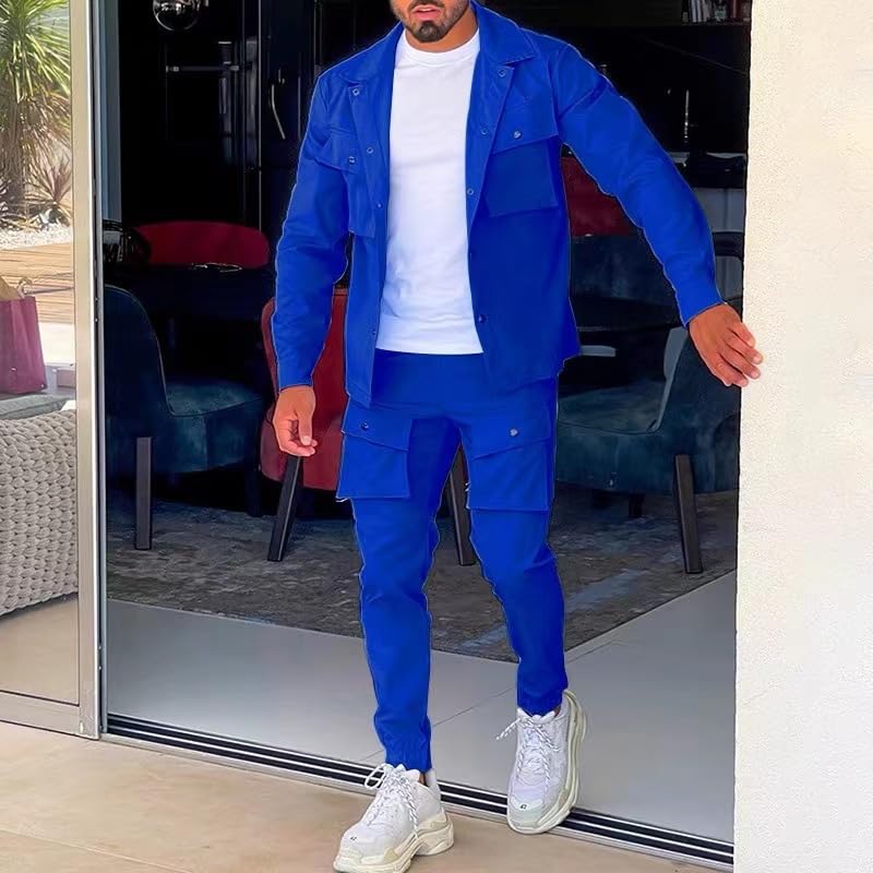 Men's casual street retro sports suit, pants, jogging jacket, multiple pockets, solid color two-piece set2