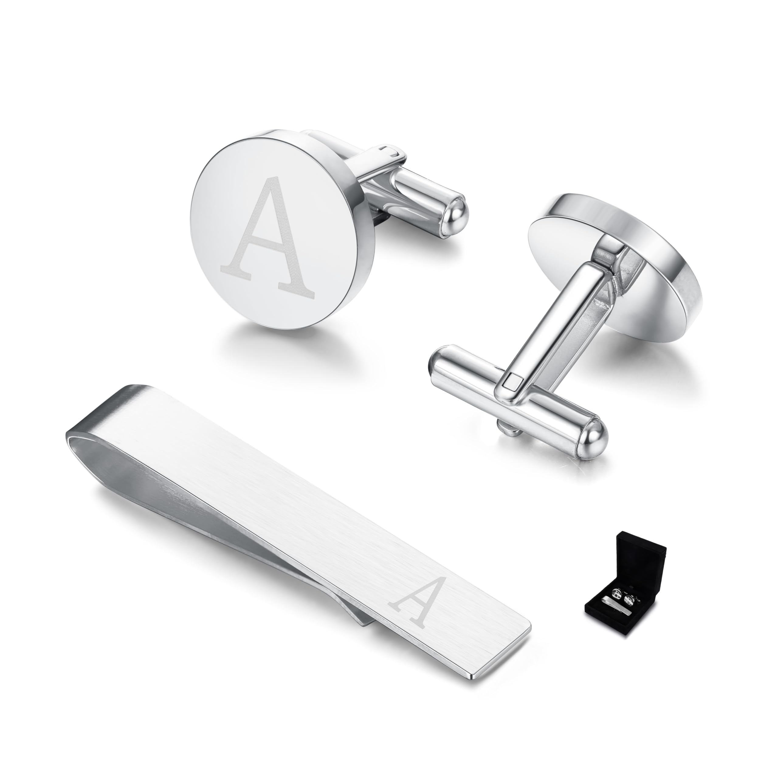 Diamday Cuff Links and Tie Clips Set Personalized Cufflinks for Men Silver Gold Initial Cufflinks Men's Link Shirt Studs Tie Letter Tie Clips and Cufflinks Set with Box Groomsmen Gift for Him