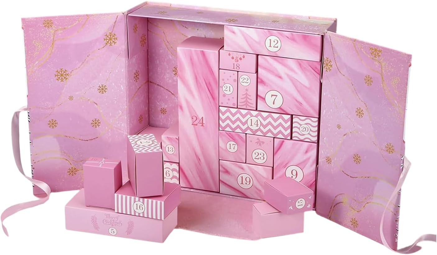 Pink Christmas Advent Calendar, 24 Days DIY Refillable Gift Boxes, Holiday Countdown Decoration with Gold Snowflake Pattern, Reusable Empty Storage Boxes