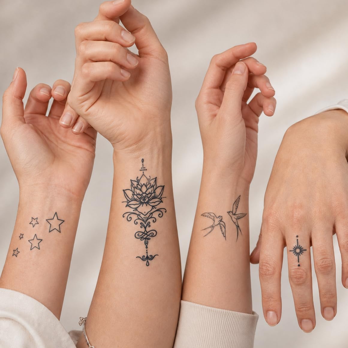 Pack Tattoo Découverte – lot de 4 tatouages éphémères réalistes + 1 éponge – tailles variées, résiste à l'eau, effet wow, tenue jusqu'à 10 jours