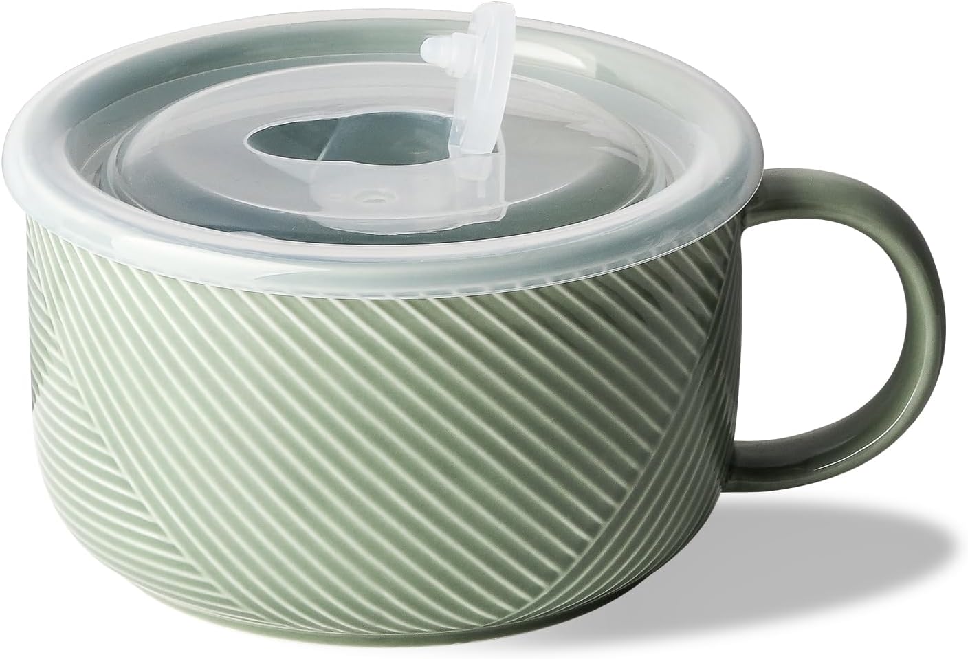 oversized soup bowl with handle: 38 oz ceramic soup mug with lid - microwave safe jumbo food storage container for ramen cereal breakfast meal prep office lunch dorm living - pea green 6 in