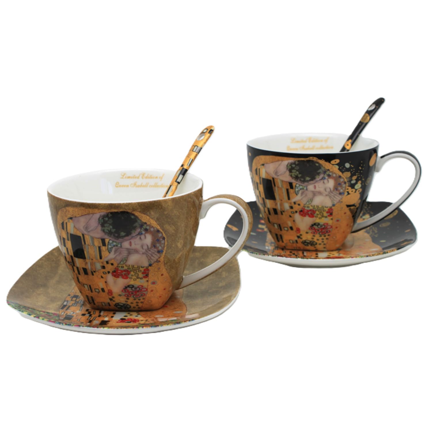 Juego de 2 tazas de porcelana con cucharas de Klimt De Kiss 250 ml | Fine Bone | elegante juego de regalo con diseño artístico Gustav Klimt | porcelana de lujo en caja