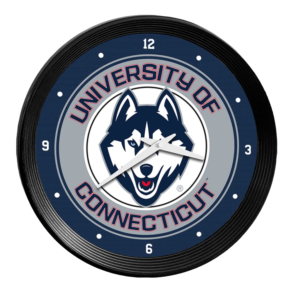 The Fan-Brand NCAA UConn Huskies: Ribbed Frame Wall Clock - Sports Team Bar Sign Décor for Home, Office, Game Room, Fan Cave & Garage - USA Made