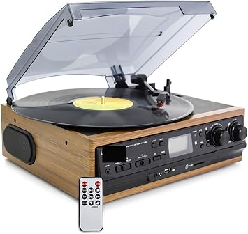 Record Player, Stereo Phono Turntable Vinyl LP Record Player AMFM Radio USB/SD Aux Cassette MP3 Recorder Headphone Jack Month Day Gift