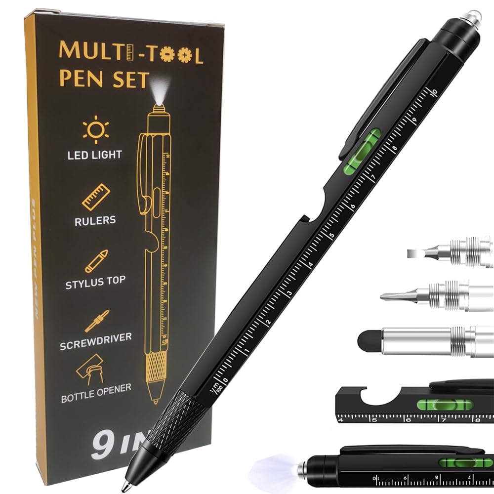 9 in 1 Multitool Pen, Stocking Stuffers Gifts Unique Christmas Birthday Multi Tool Pen for Men Dad Husband Who Have Everything, Cool Gadgets Pocket Multi Tool (Black)
