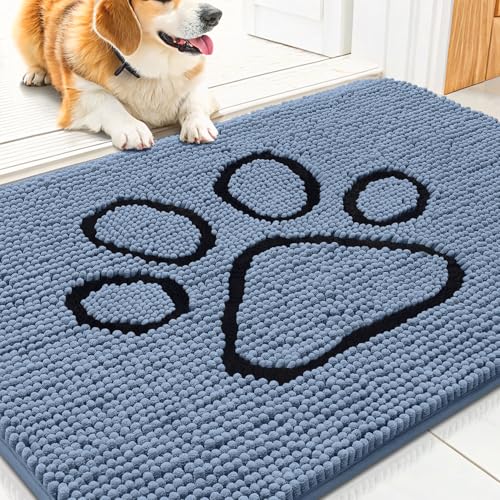 Image of Smiry Dog Door Mat for Muddy Paws, Absorbent Dirt Trapper Non Slip Quick Dry Washable Chenille Mat for Mud Dogs, Entry Rug for Indoor and Outdoor (30x20 Inches, Airy Blue and Black)
