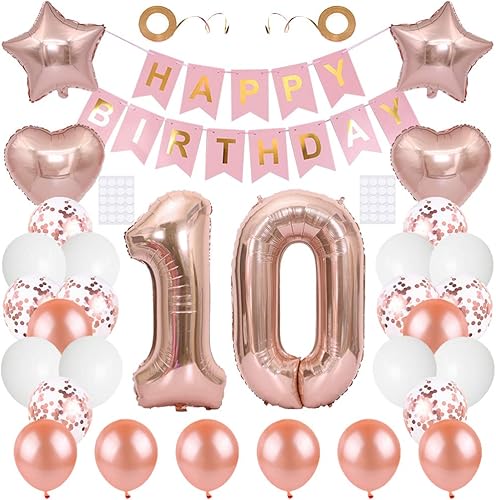 Suministros para fiesta de cumpleaños número 10, globo de aluminio de oro rosa con el número 10, kit de pancarta "Happy Birthday", decoración de 10
