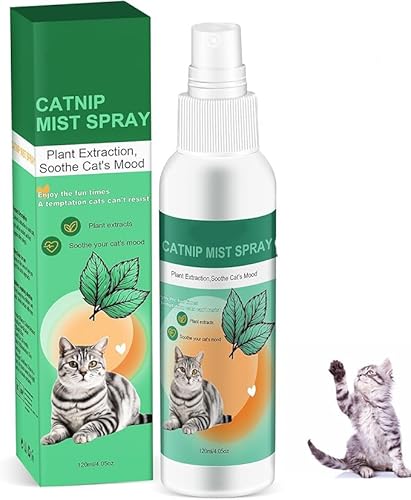 Hizjkrtm Natural Catnip Mist Spray, Stress&Anorexia Relief, Plant Extracts Natural Formula, Alcohol Free, for Food Toys Beds, Cats and Kittens 4.05oz(120ml)