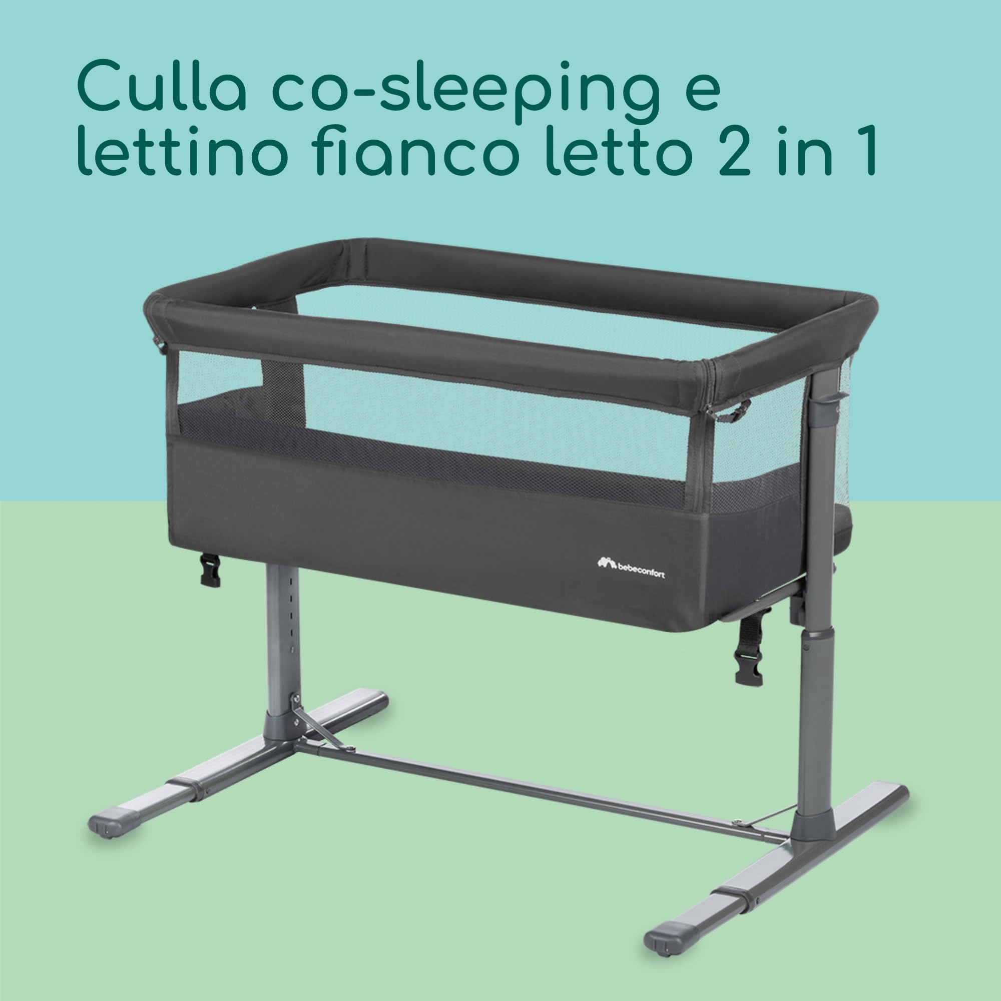 Bebeconfort Zina Culla Neonato Fianco Letto, 0-6 mesi (0-9kg), Lettino Neonato Pieghevole, 5 Altezze Regolabili, Materassino Reclinabile, Mineral Graphite
