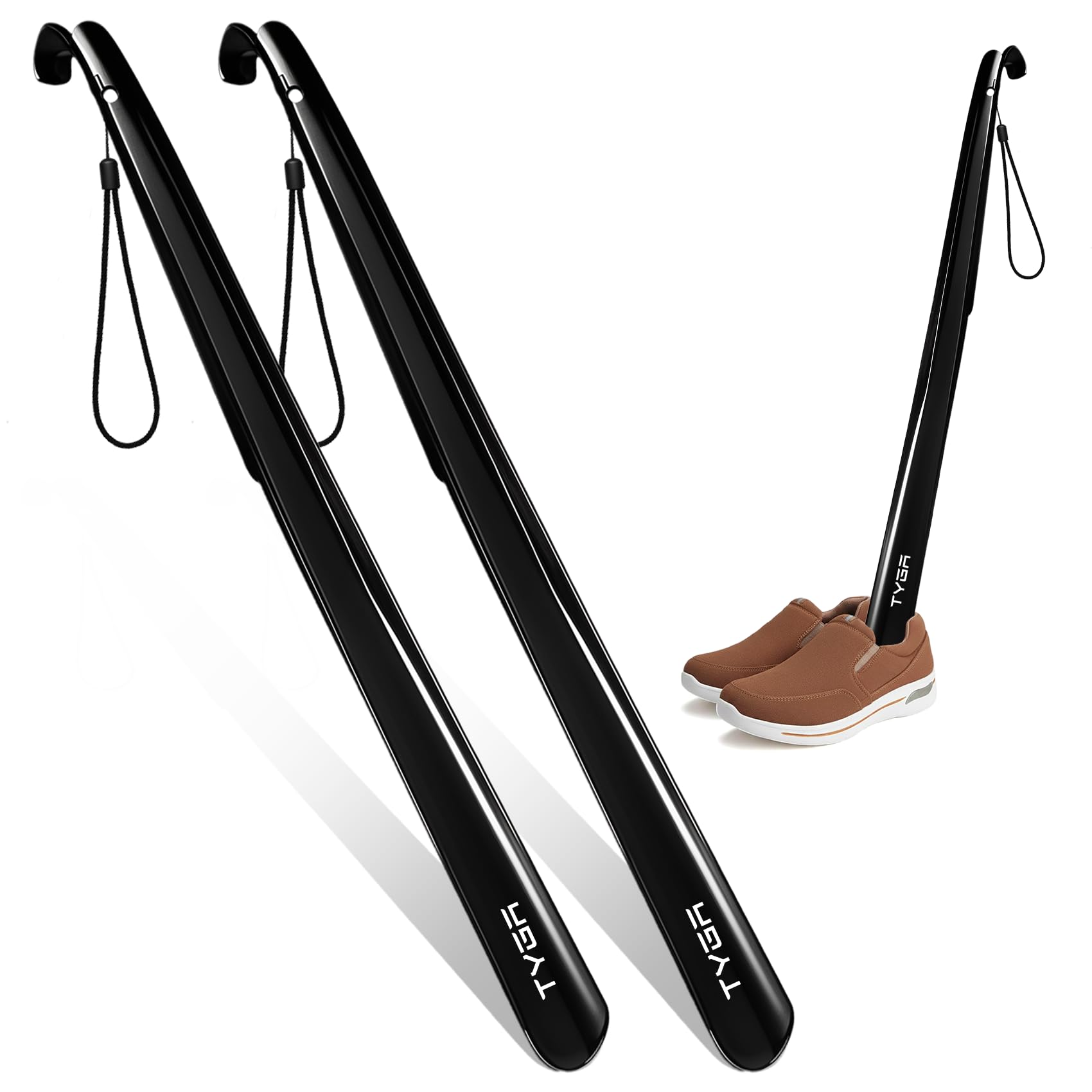 TYGA STORE Shoe Horn Extra Long Handled 23 inches, 58cm, Comfortable, Elongated Footwear Fitter (For Men & Women) (Black, 2)