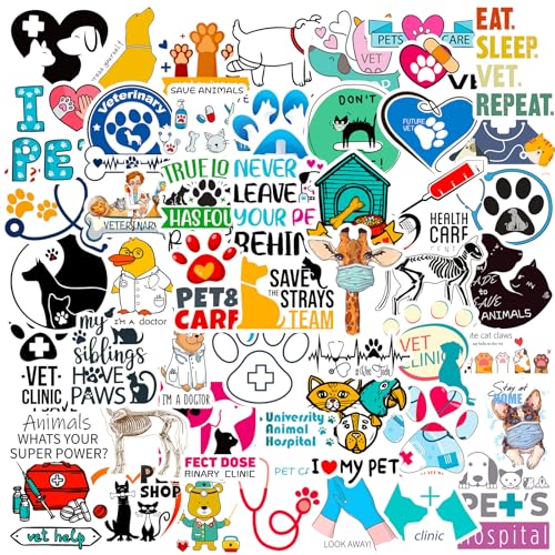 MZCMTY 50 PCS Veterinary Stickers Pack Vet Theme Waterproof Vinyl Stickers for Laptop Water Bottle Cup Gifts for Veterinarian Vet Tech Animal Lover Adult Teen