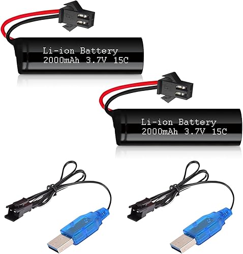 Batería de iones de litio de 3.7 V 2000 mAh, paquete de 2 con 2 cargadores USB, enchufe SM-2P, batería recargable 15C RC compatible con autos de