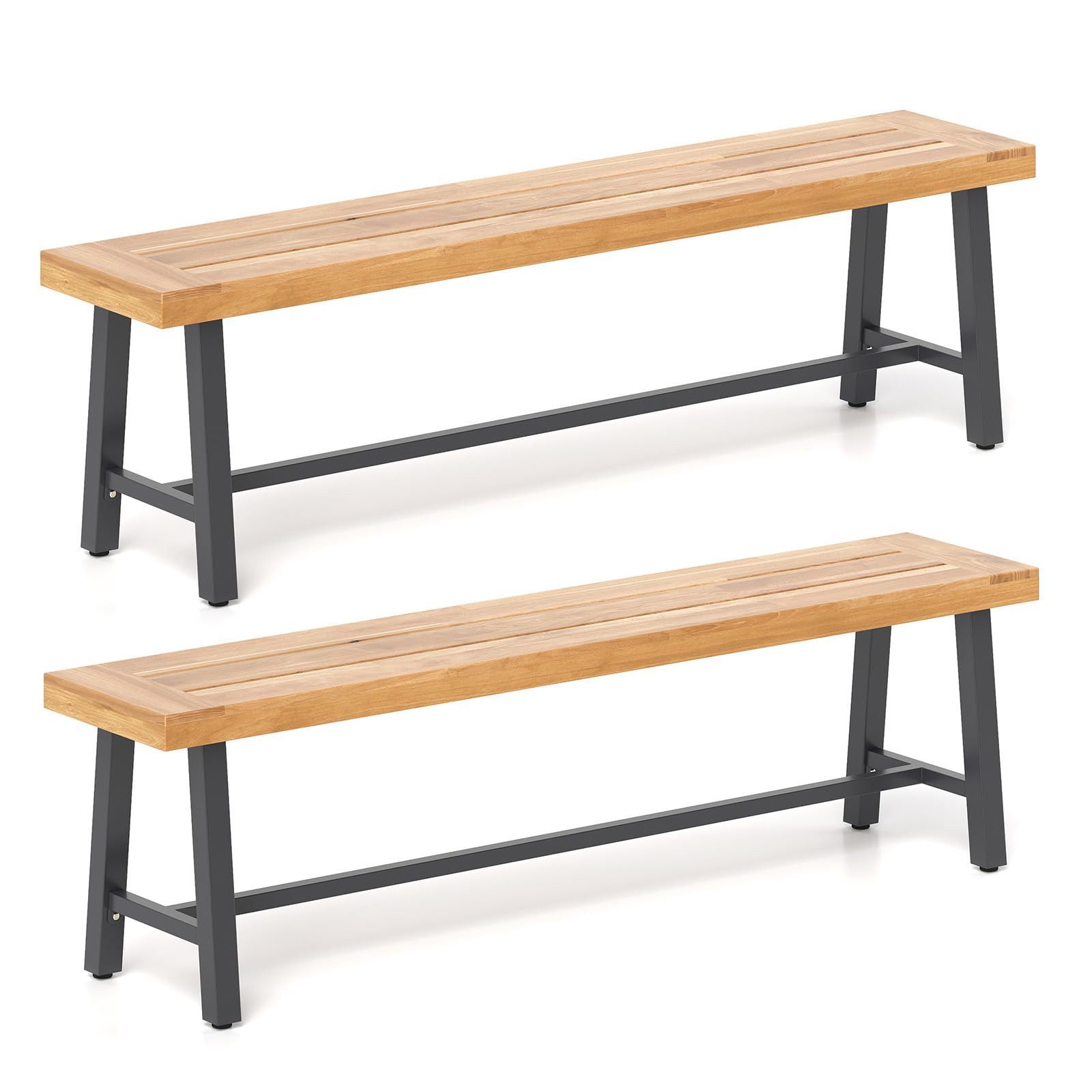 COSTWAY Set di 2 Panchine da Giardino in Legno di Acacia a 3 Posti, Panca da Esterno Senza Schienale con Gambe in Metallo, Panca Capacità di 360 kg per Ingresso, Cortile e Balcone, 160 x 32 x 45 cm