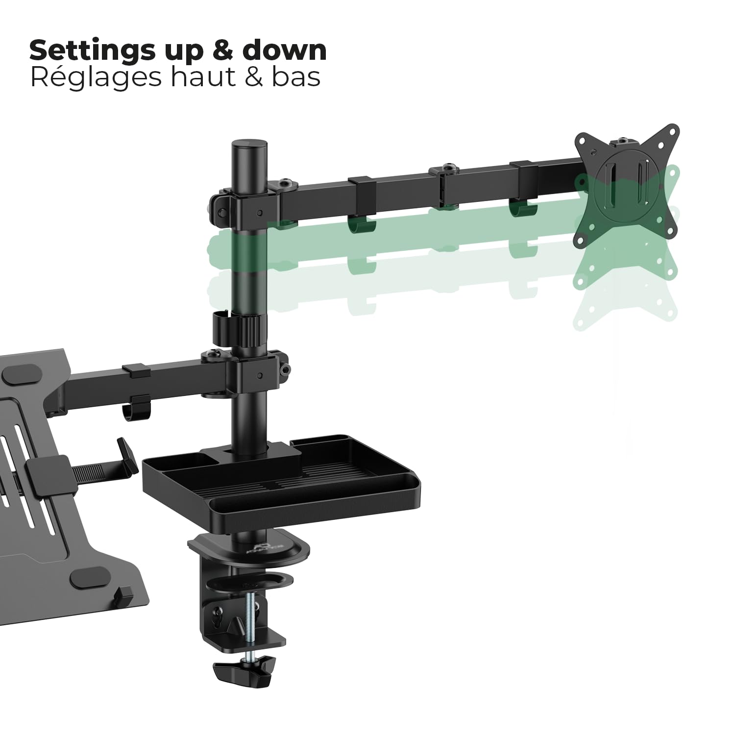 AD ADVANCE - XTENDMOUNTS Flex, Support Ecran PC de 17 à 32", Plateau Ordinateur Portable, Compatible VESA 75x75/100x100, Hauteur & Inclinaison Ajustable, Tablette Rangement & Support Smartphone