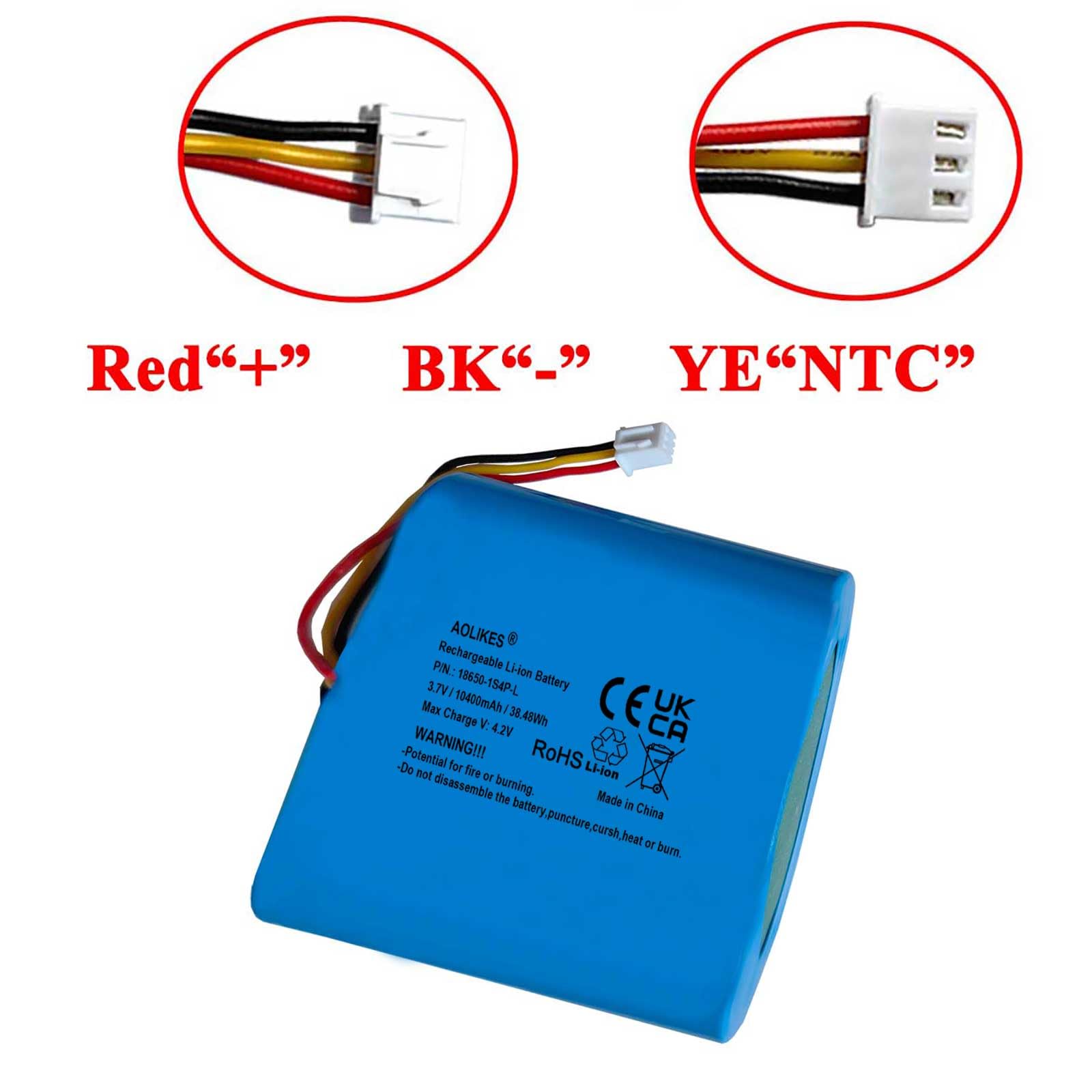 AOLIKES Batterie lithium-ion rechargeable 18650 1s4p 10400 mAh 3,7 V avec connecteur XH2,54/3P / cellules 5C / Straight / Prend en charge la charge rapide